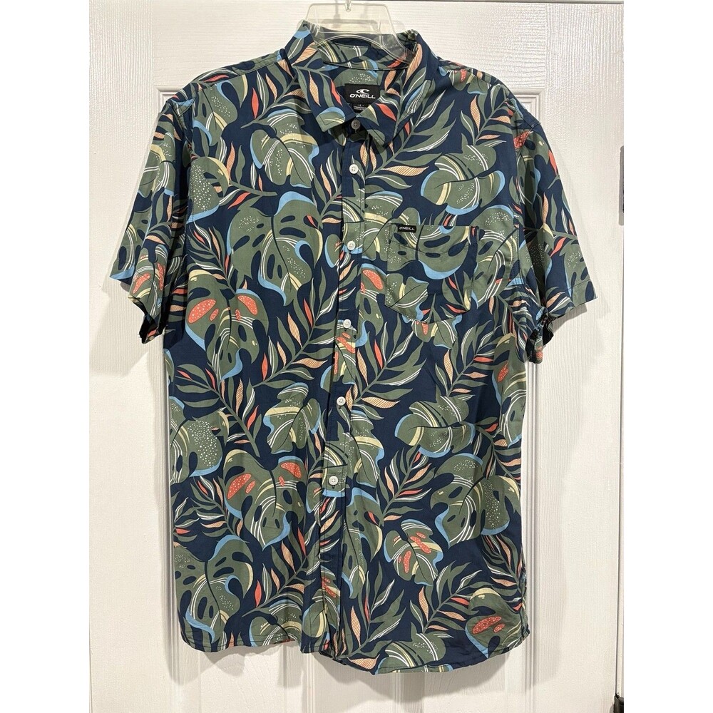 O'Neill Mens Large Hawaiian Shirt Tropical Floral Rayon Cotton Button Up Navy